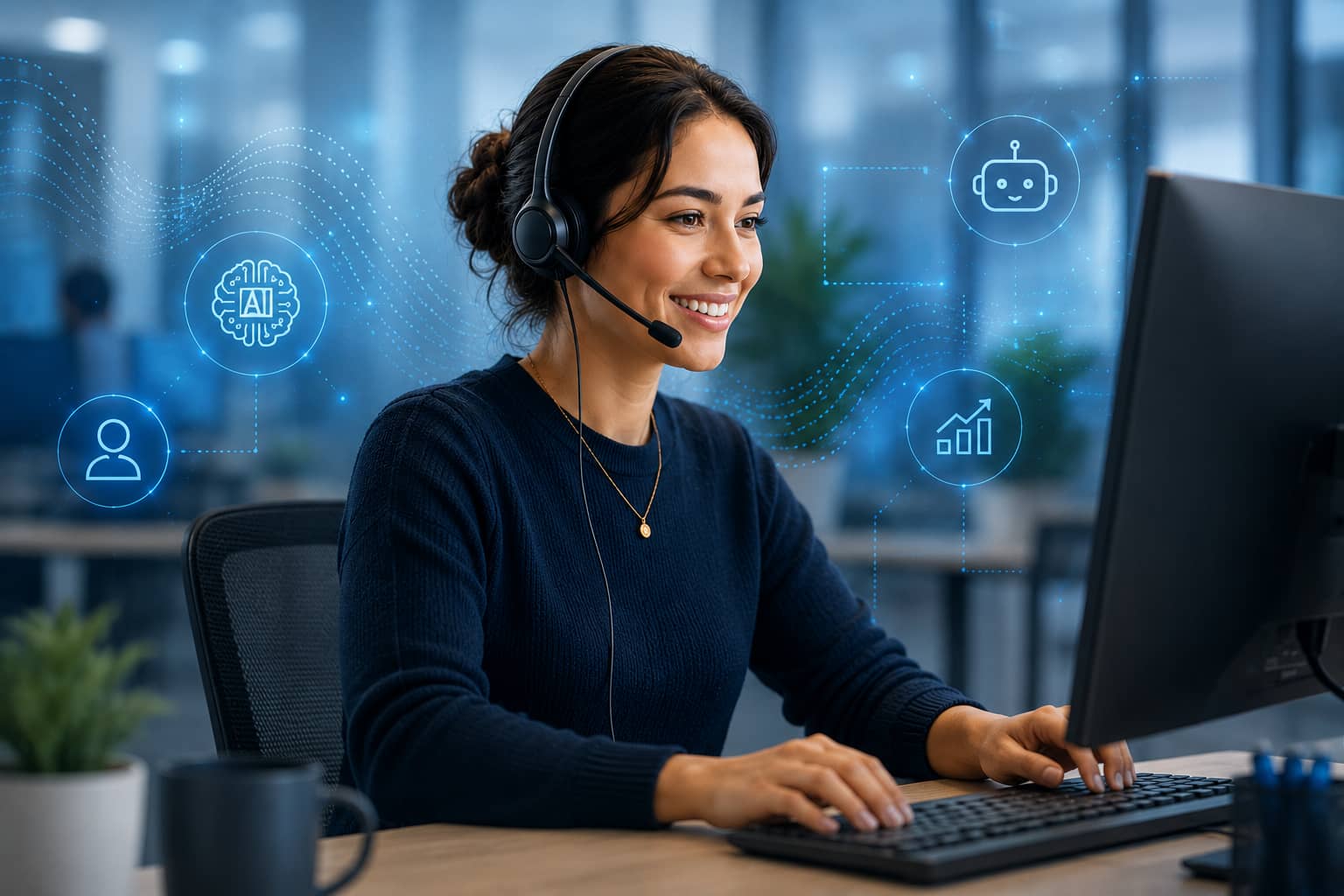 Customer service agent wearing a headset and working at a computer in a modern office, with AI-powered support and digital workflow icons displayed around the screen.