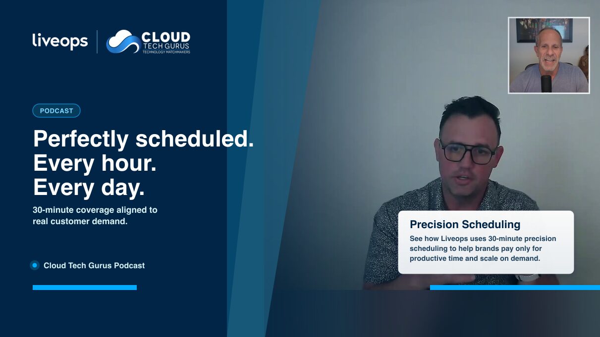 Liveops and Cloud Tech Gurus podcast discussing precision scheduling for contact centers and on-demand customer