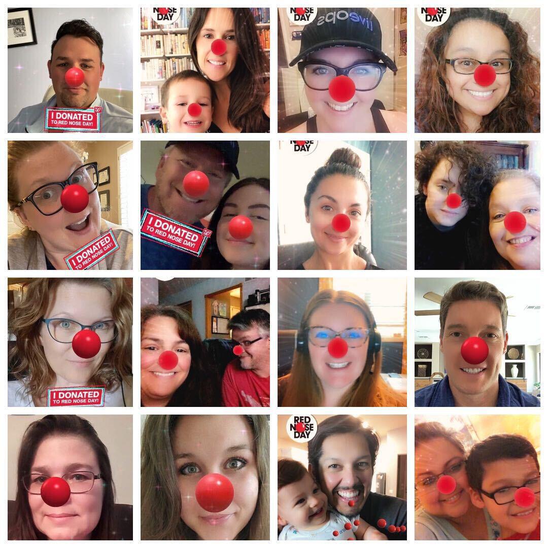 collage of people with red clown noses